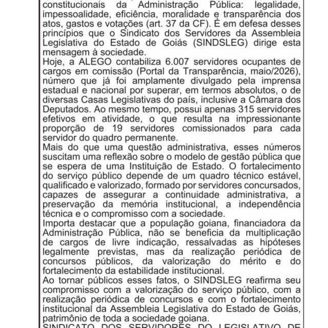 Carta aberta do SINDISLEG publicada no jornal O Popular (Goiânia), edição de 4 e 5 de julho de 2026, página 35.
https://opopular.com.br/digital/04-julho-2026/1o-caderno